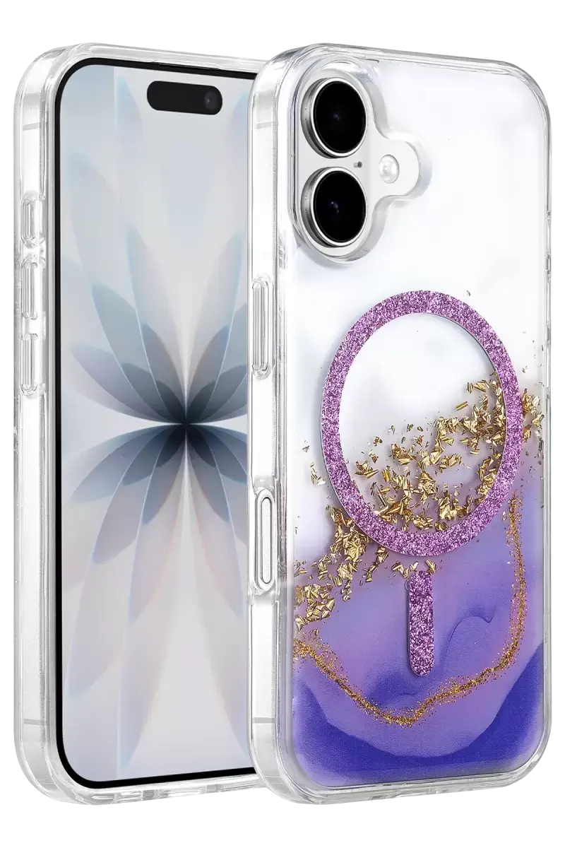 Onegif Apple İphone 16 Lotus Simli Magsafe Kapak - Mor