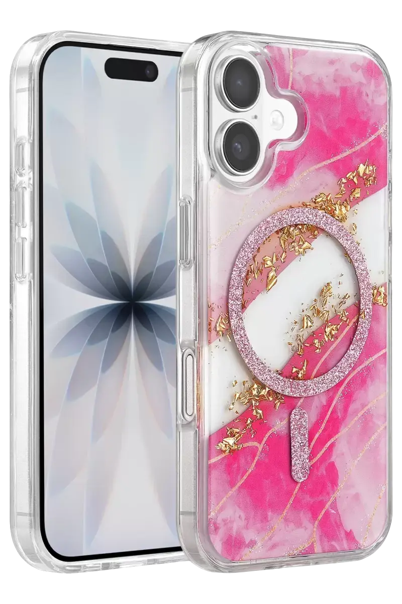 Onegif Apple İphone 16 Lotus Simli Magsafe Kapak - Pembe