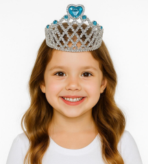 Mavi Kalpli Gümüş Renk Kraliçe Tacı Prenses Tacı