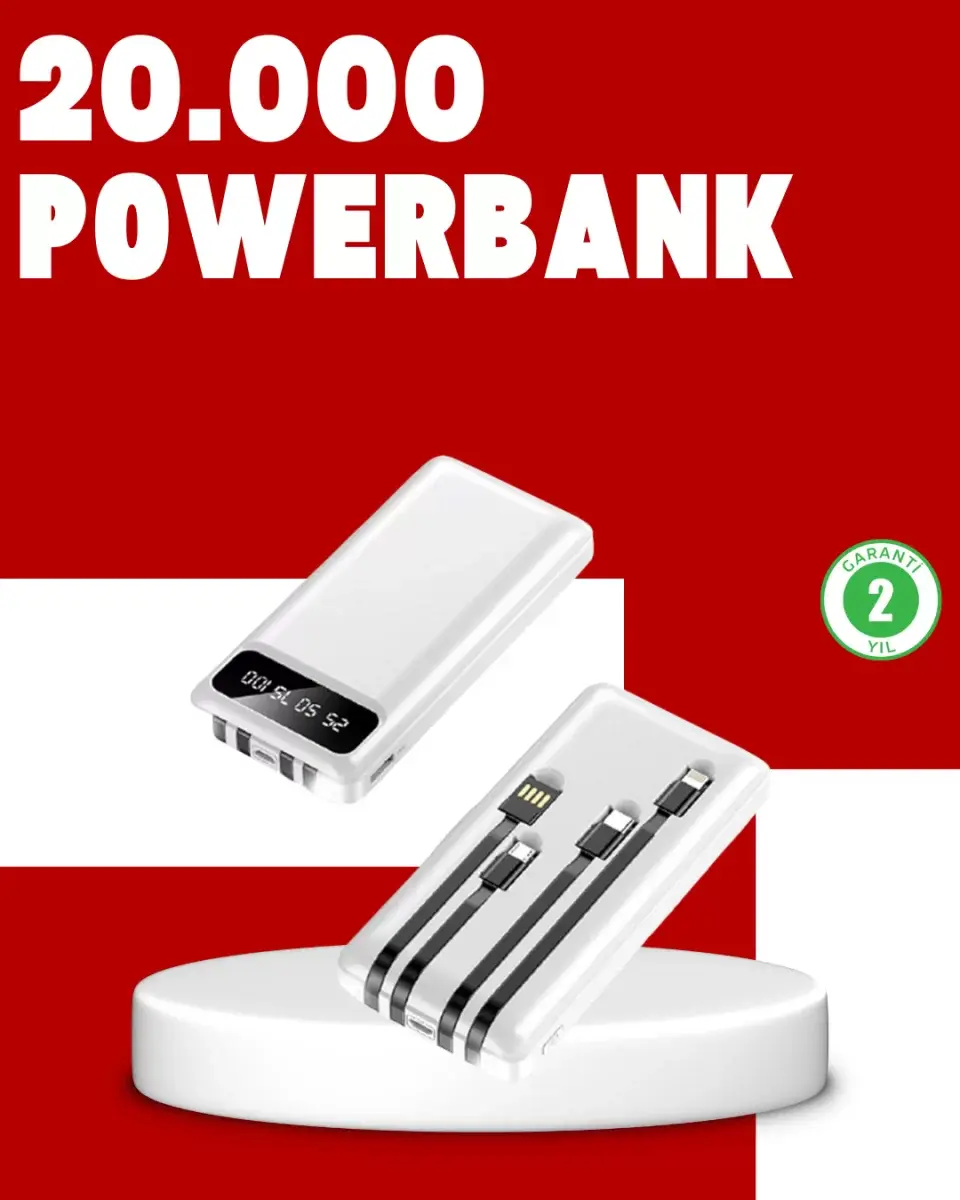 20.000mah Pd Powerbank Led Işık Lcd Ekran Dahili Kablo Çoklu Giriş
