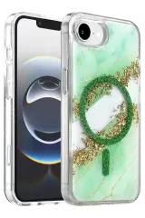 Onegif Apple İphone 17e Lotus Simli Magsafe Kapak - Yeşil