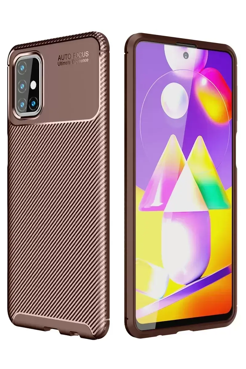 Newface Samsung Galaxy M31s Kılıf Auto Focus Karbon Kapak - Kahverengi
