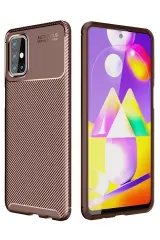 Newface Samsung Galaxy M31s Kılıf Auto Focus Karbon Kapak - Kahverengi