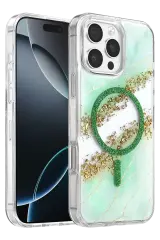 Onegif Apple İphone 16 Pro Max Lotus Simli Magsafe Kapak - Yeşil