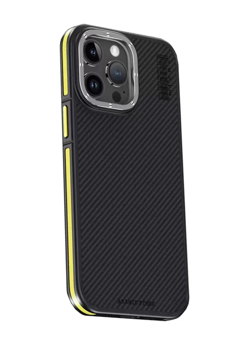 Joko İphone 15 Pro Kılıf Aramid 600d Kevlar Karbon Fiber Magsafe Kapak - Sarı