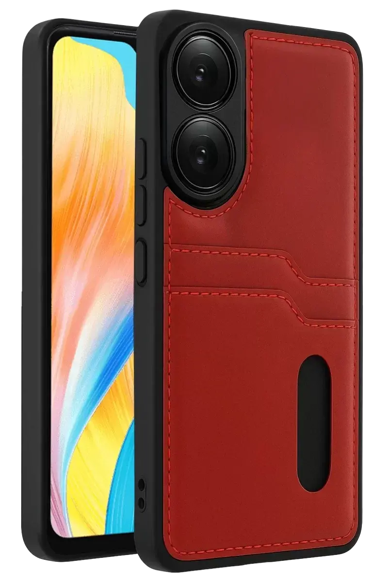 Newface Oppo A38 Sara Kartvizitli Deri Kılıf - Kırmızı