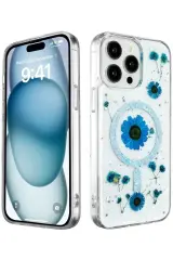 Newface Apple İphone 15 Pro Kılıf Daisy Simli Magsafe Kapak - Mavi