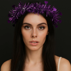 Kalp Püsküllü Gece Parıltısı 3 Modlu Led'li Işıklı Taç Mor Renk