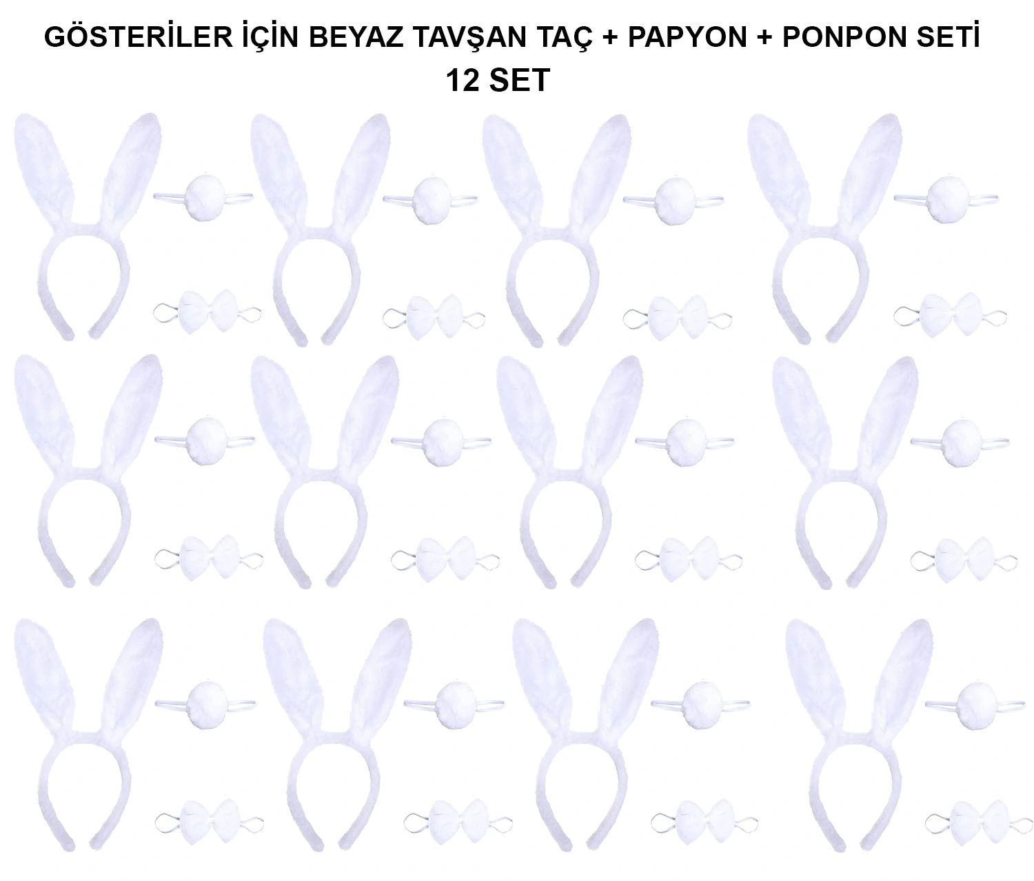 Beyaz Tavşan Kostüm Seti – Taç, Papyon, Kuyruk (12’li Paket)