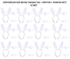 Beyaz Tavşan Kostüm Seti – Taç, Papyon, Kuyruk (12’li Paket)