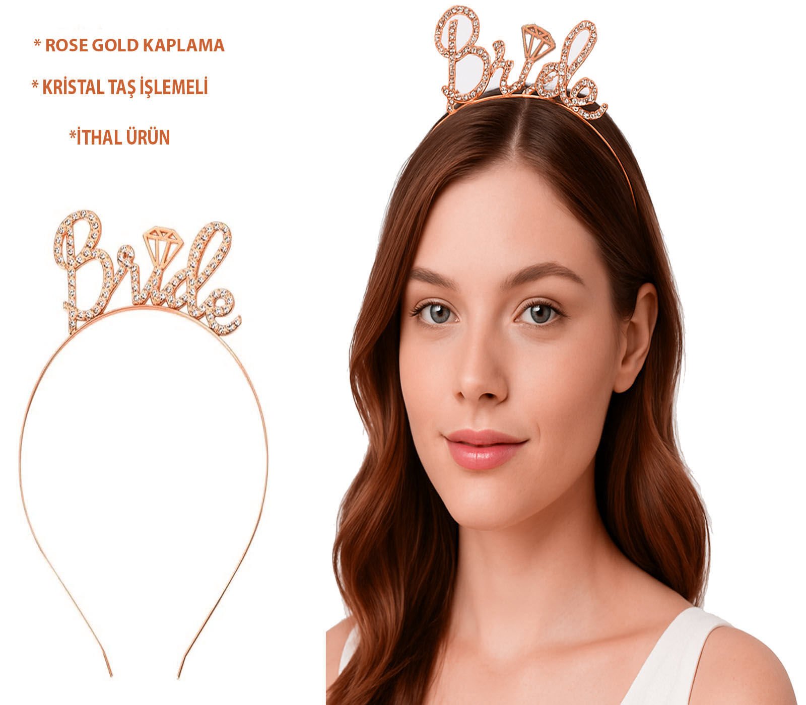 Rose Gold Renkli Taşlı “bride” Gelin Tacı
