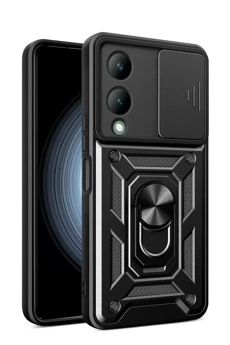 Newface Vivo Y17s Kılıf Pars Lens Yüzüklü Silikon - Siyah