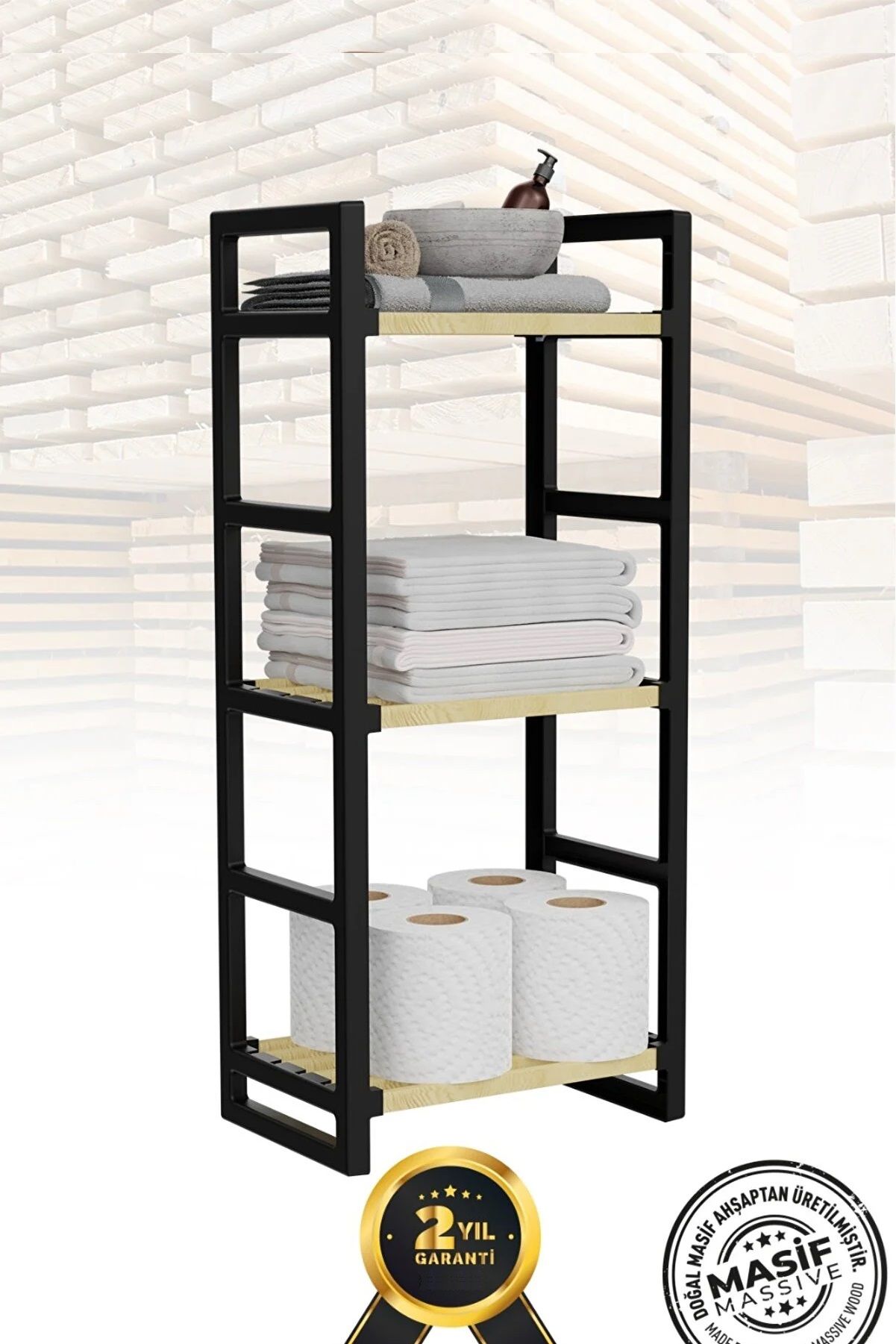 3 Katlı Siyah Masif Ahşap Banyo Dolabı