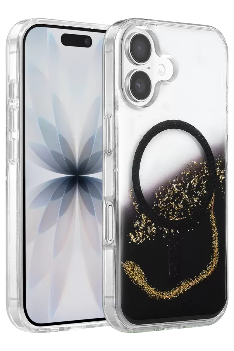 Onegif Apple İphone 17 Lotus Simli Magsafe Kapak - Siyah