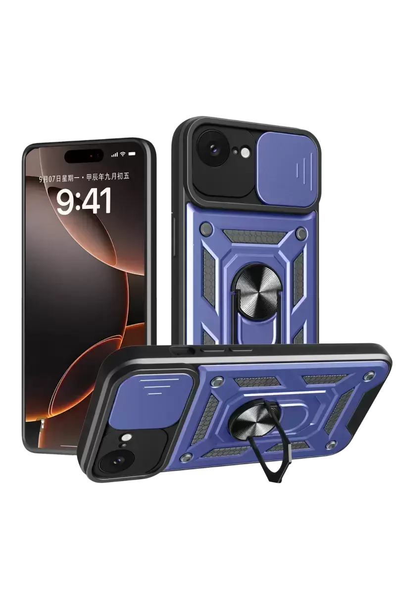 Newface İphone 16e Kılıf Pars Lens Yüzüklü Silikon - Lacivert