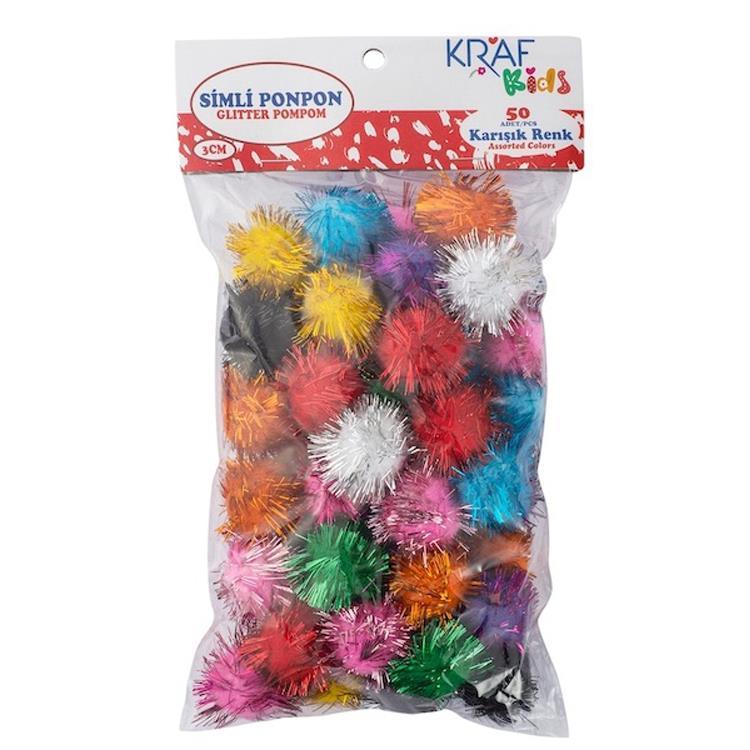 Kids Karışık Renk Simli Ponpon 3cm 50 Adet