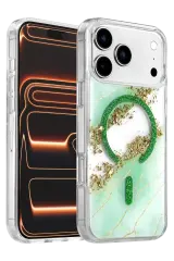 Onegif Apple İphone 17 Pro Lotus Simli Magsafe Kapak - Yeşil
