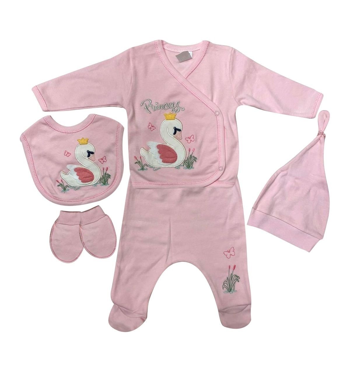 AyBaby AY076 Kuğu Desenli 5Li Bebek Zıbın Seti 0-3 Ay - Pembe