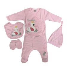 AyBaby AY076 Kuğu Desenli 5Li Bebek Zıbın Seti 0-3 Ay - Pembe