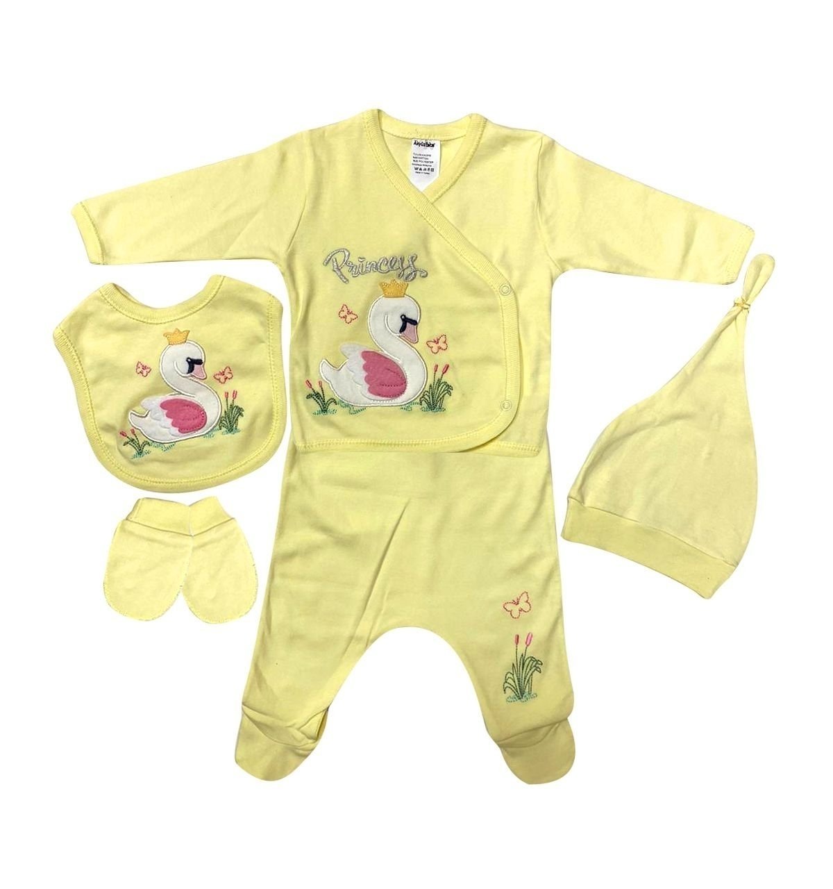 AyBaby AY076 Kuğu Desenli 5Li Bebek Zıbın Seti 0-3 Ay - Sarı