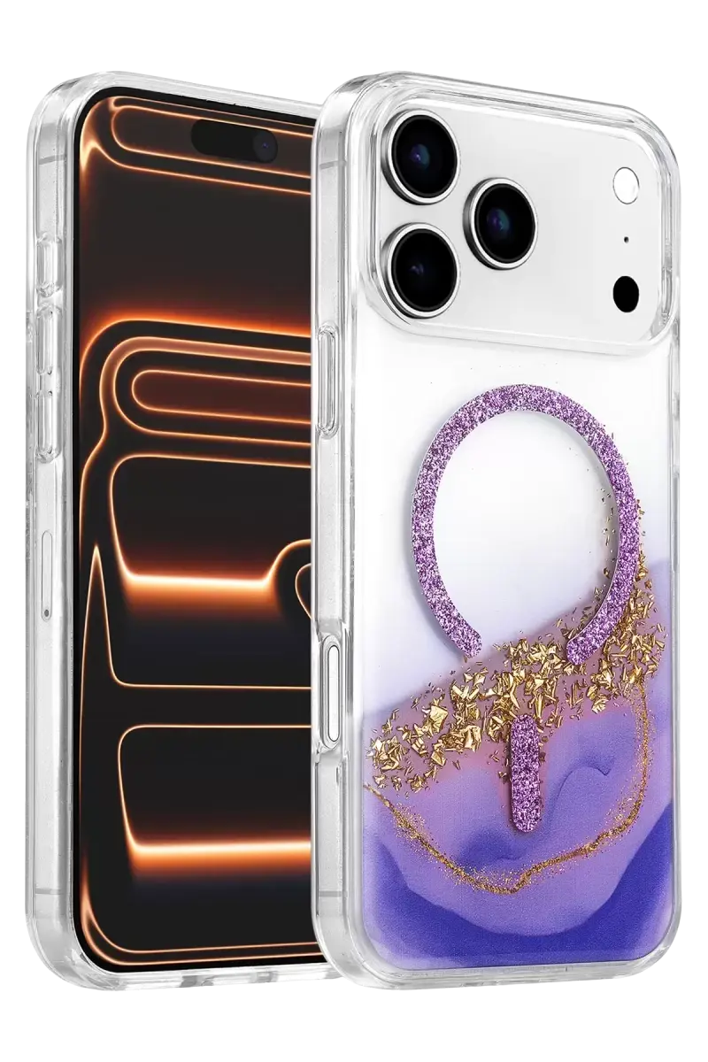 Onegif Apple İphone 17 Pro Max Lotus Simli Magsafe Kapak - Mor