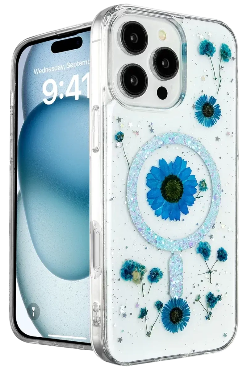 Newface İphone 16 Pro Max Kılıf Daisy Simli Magsafe Kapak - Mavi