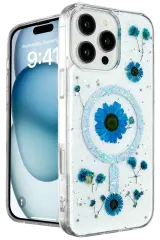 Newface İphone 16 Pro Max Kılıf Daisy Simli Magsafe Kapak - Mavi