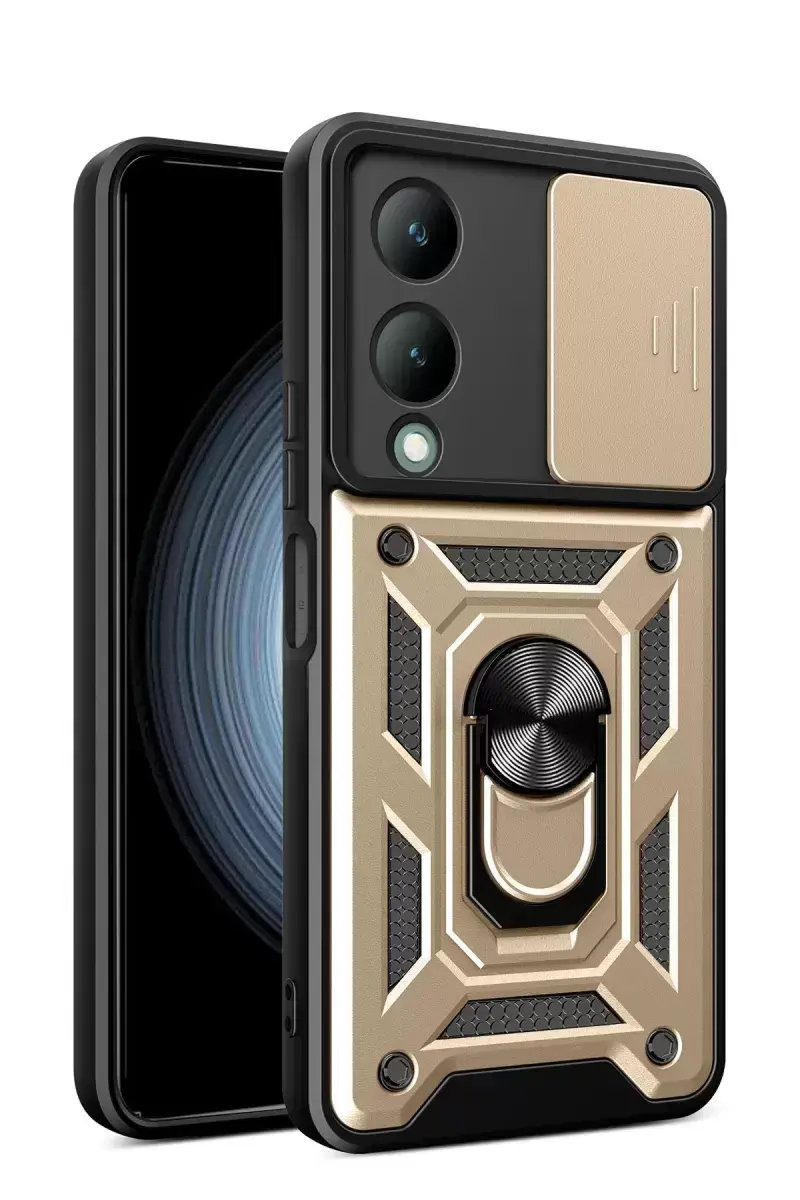 Newface Vivo Y17s Kılıf Pars Lens Yüzüklü Silikon - Gold