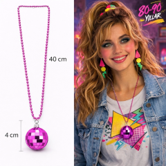 Retro Disko Topu Şekilli 8039ler 9039lar Fuşya Pembe Renk Plastik Kolye