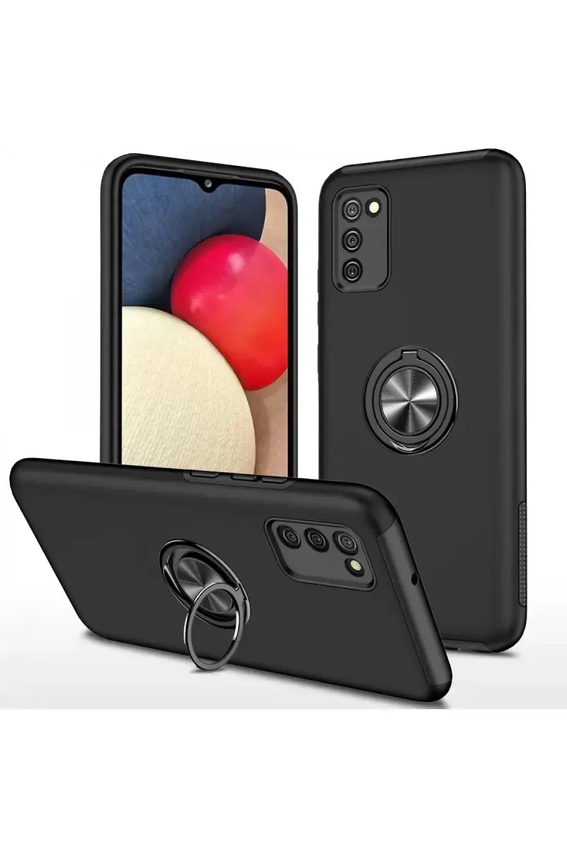 Newface Samsung Galaxy A02s Kılıf Elit Yüzüklü Kapak - Siyah