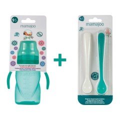Mamajoo Kulplu Eğitici Bardak 270 ml & İkili Beslenme Kaşığı / Yeşil