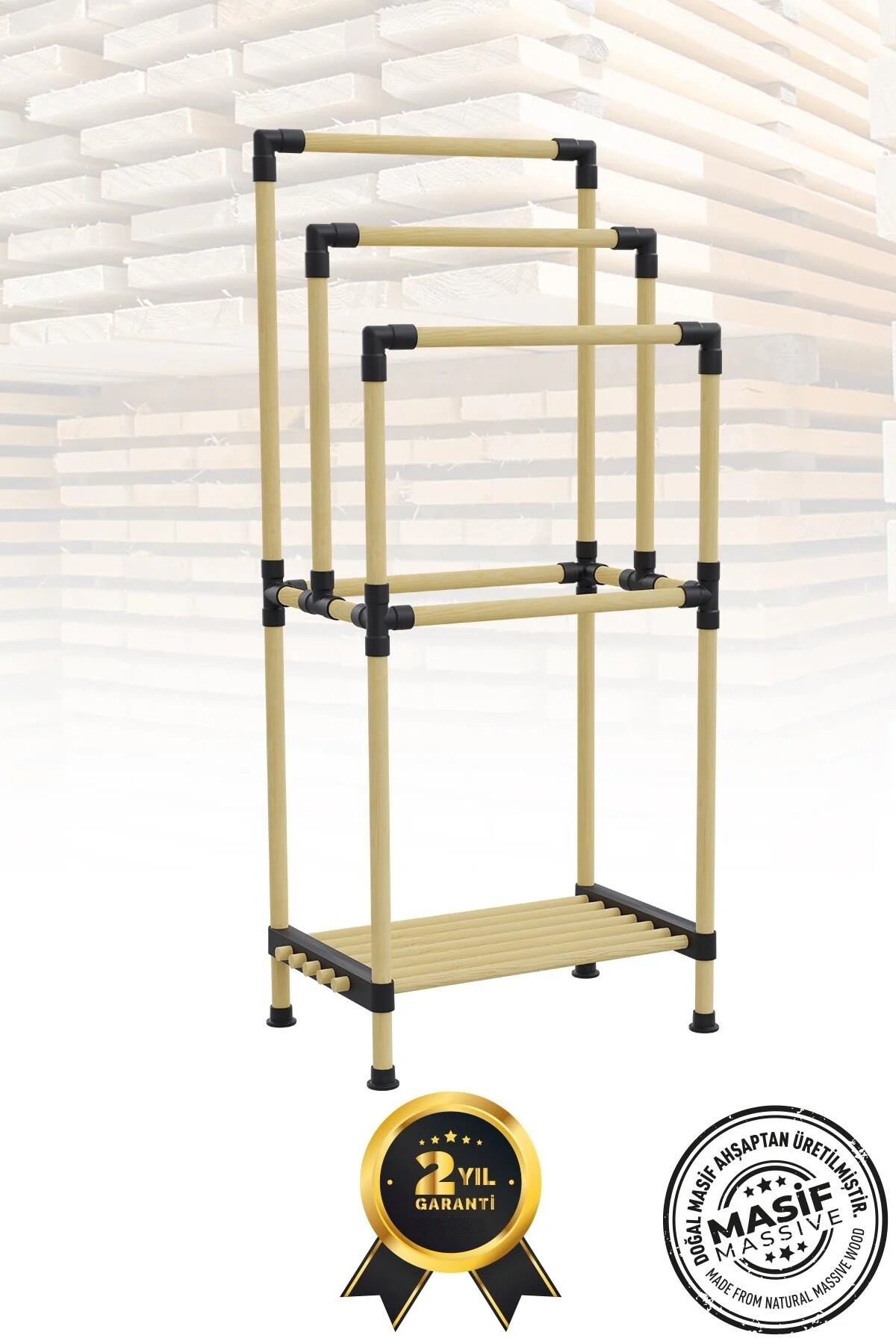 Ahşap Banyo Havluluk Raflı 3 Askılı 48 Cm Genişlik