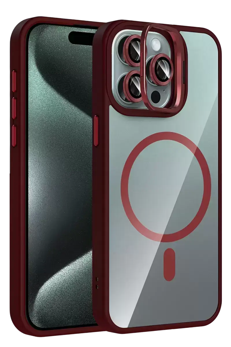 Joko Apple İphone 15 Pro Max Remim Lensli Magsafe Standlı Kapak - Bordo