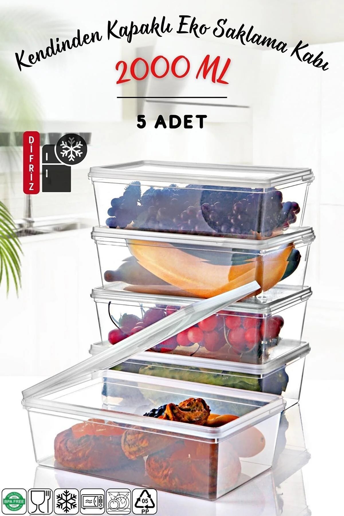 5 Adet Kapaklı Derin Dondurucuya Uygun Saklama Kabı 2 Lt