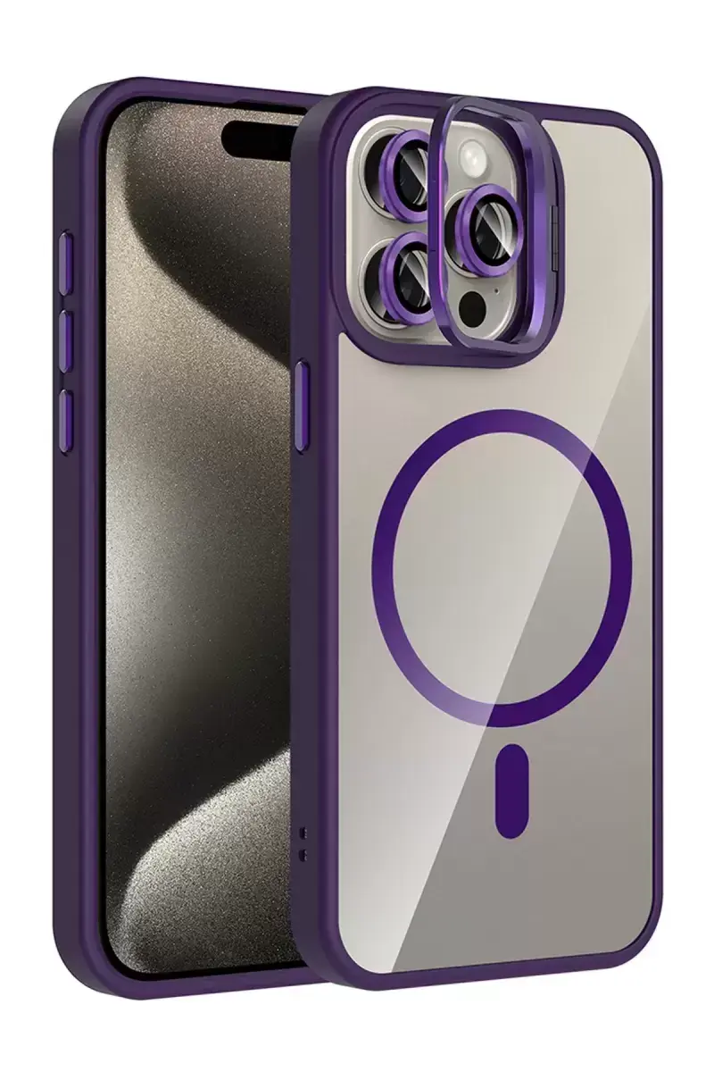 Joko Apple İphone 15 Pro Max Remim Lensli Magsafe Standlı Kapak - Derin Mor