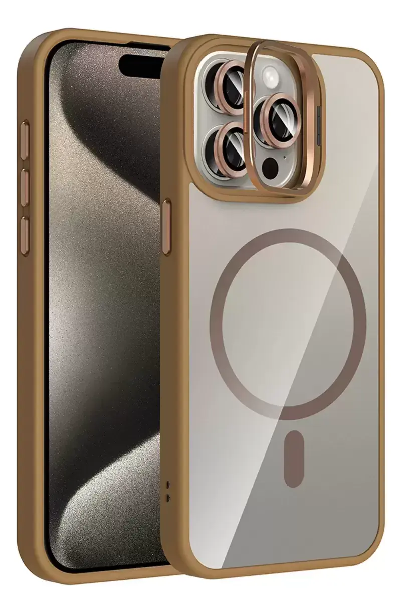 Joko Apple İphone 15 Pro Max Remim Lensli Magsafe Standlı Kapak - Kahverengi