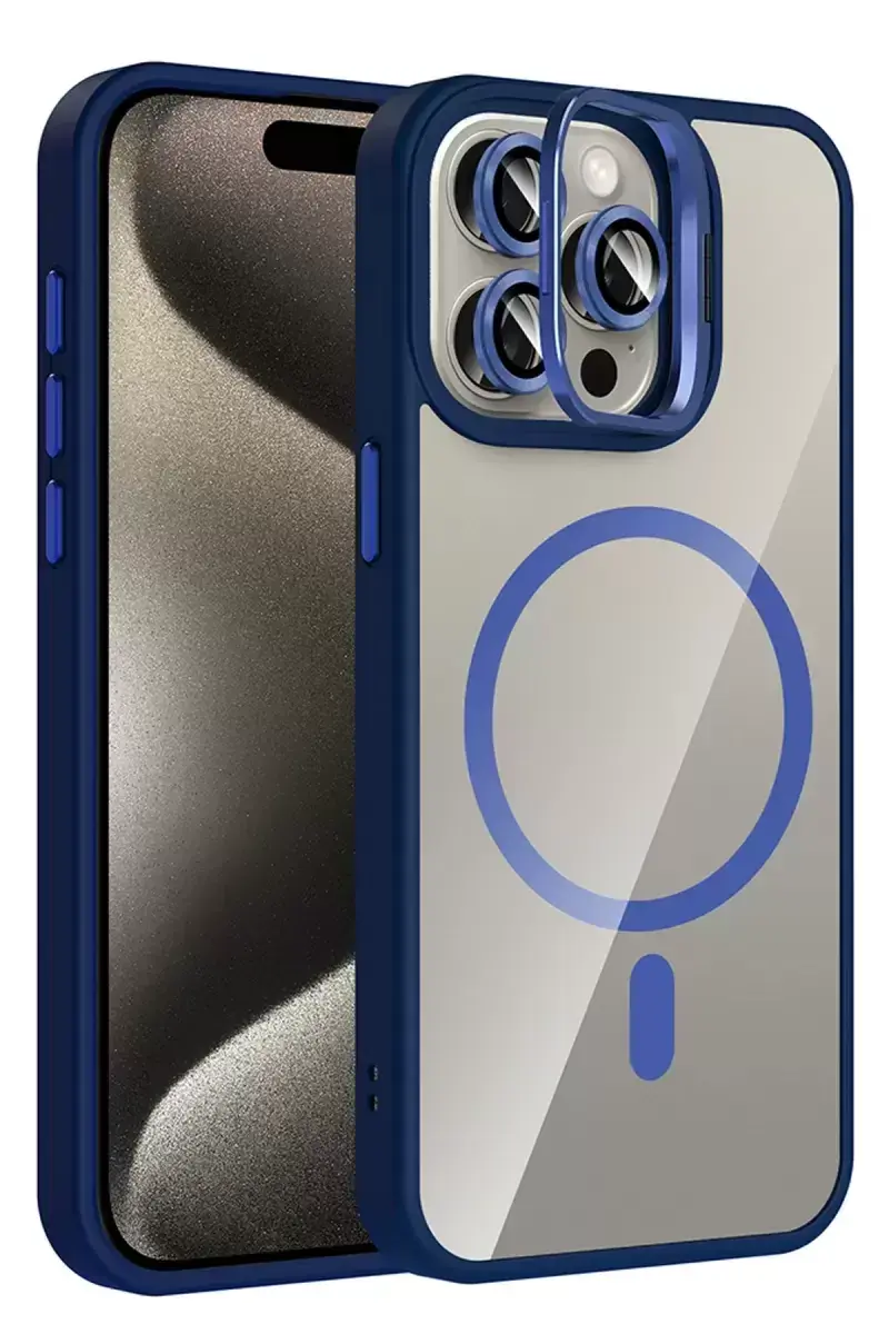 Joko Apple İphone 15 Pro Max Remim Lensli Magsafe Standlı Kapak - Lacivert