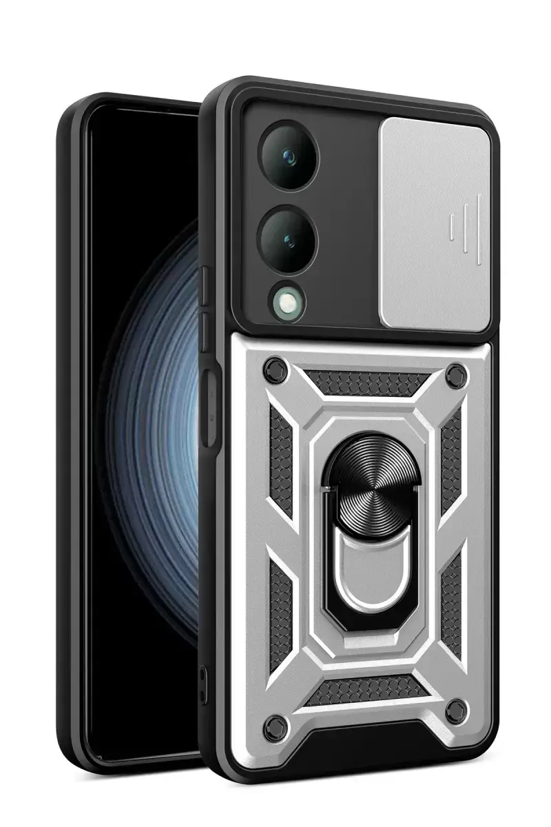 Newface Vivo Y17s Kılıf Pars Lens Yüzüklü Silikon - Gümüş