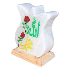 Lale Desenli Allah Muhammed Lafzı Logolu Doğal Kaya Tuzu Lambası Kablolu Ampullü Beyaz 2-3 Kg