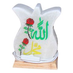 Lale Desenli Allah Muhammed Lafzı Logolu Doğal Kaya Tuzu Lambası Kablolu Ampullü Beyaz 2-3 Kg