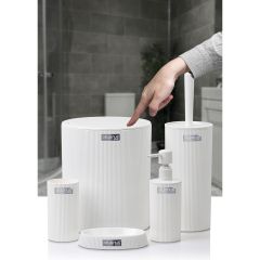 Beyaz Çizgili Yuvarlak 5 Parça Banyo Seti