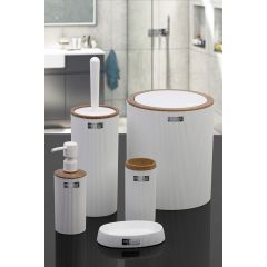Beyaz Ahşap Desenli Çizgili Yuvarlak 5'li Banyo Seti