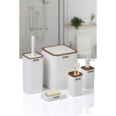 Beyaz Ahşap Desenli Çizgili Kare 5'li Banyo Seti