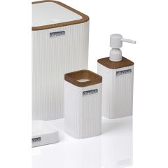 Beyaz Ahşap Desenli Çizgili Kare 5'li Banyo Seti