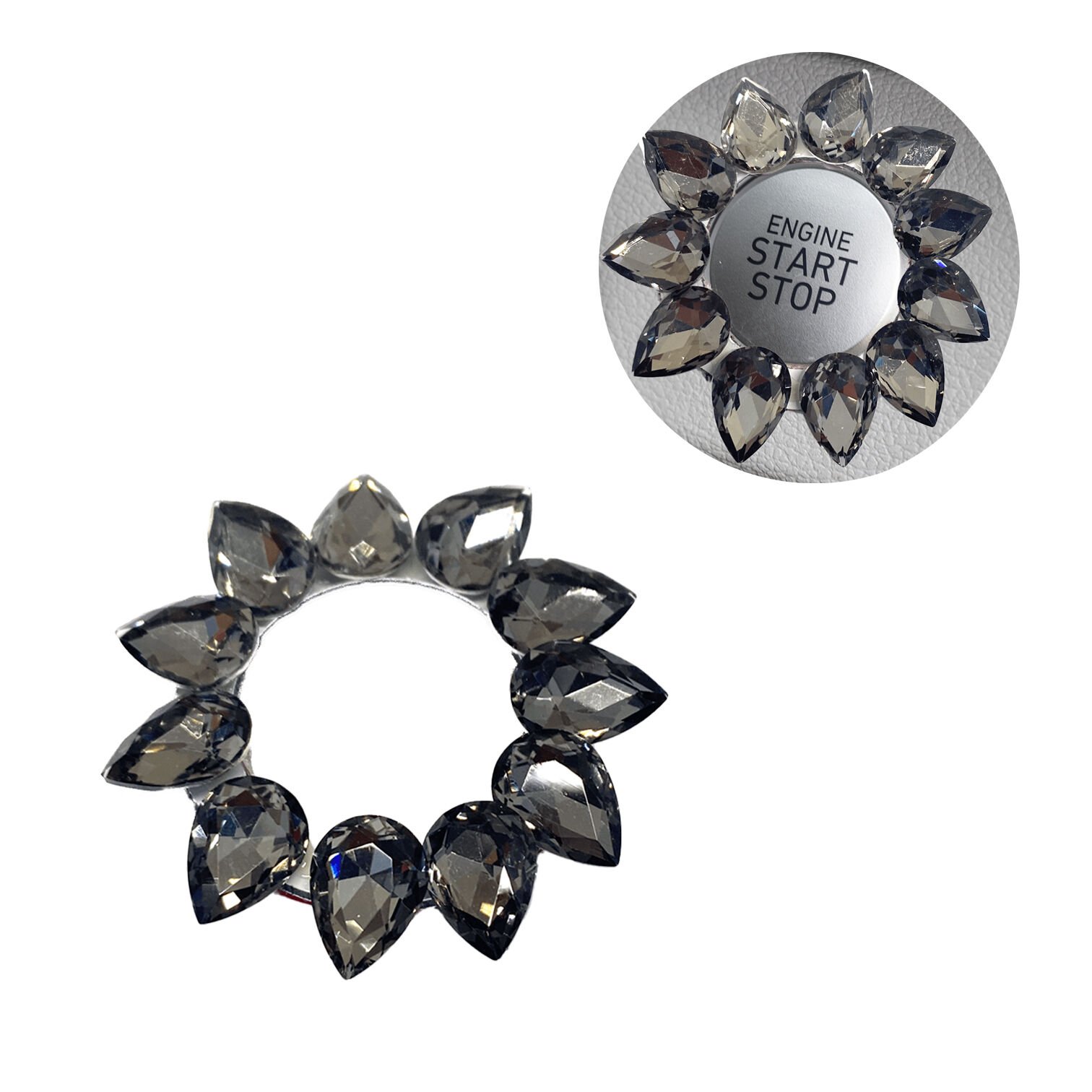 Kristal Damla Taşlı Start Stop Düğme Halkası Füme