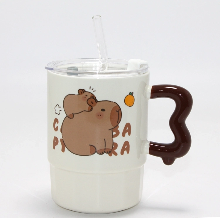 Sevimli Capybara Figürlü Kapaklı Porselen Kupa Bardak Alk5040