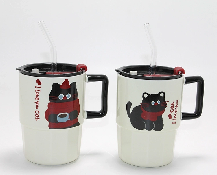 Sevimli Şaşkın Kedi Figürlü Pipetli Kapaklı Porselen Kupa Bardak Alk5042