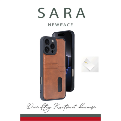 İphone 16 Pro Kılıf Sara Kartvizitli Deri Kılıf - Siyah