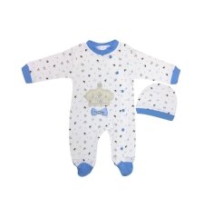 AyBaby AY536 İncili Empirme Baskılı Tulum - Mavi/Beyaz