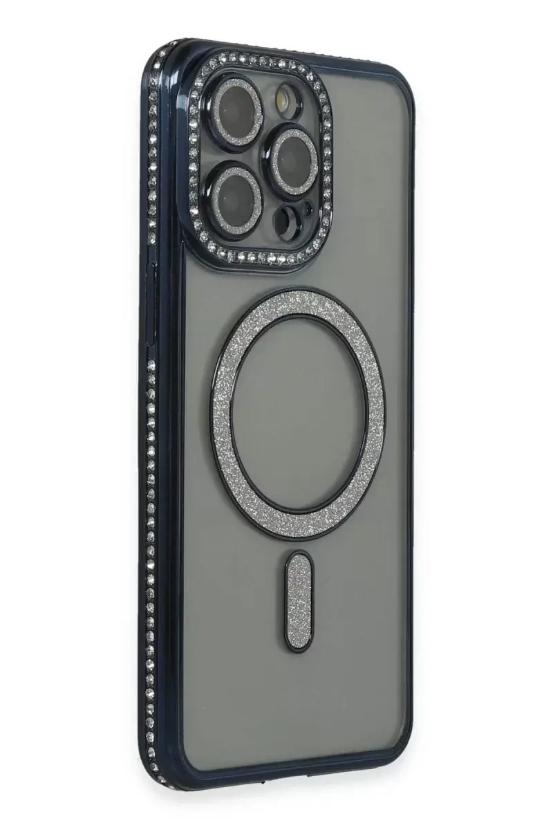 Newface İphone 15 Pro Max Kılıf Joke Simli Magneticsafe Kılıf - Lacivert
